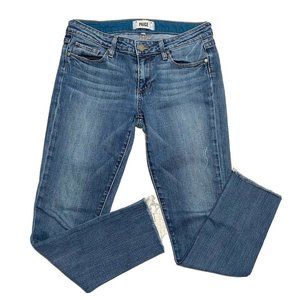 Paige Skyline Ankle Peg Augusta Medium Wash Size 27 Raw Hem Distressed EUC